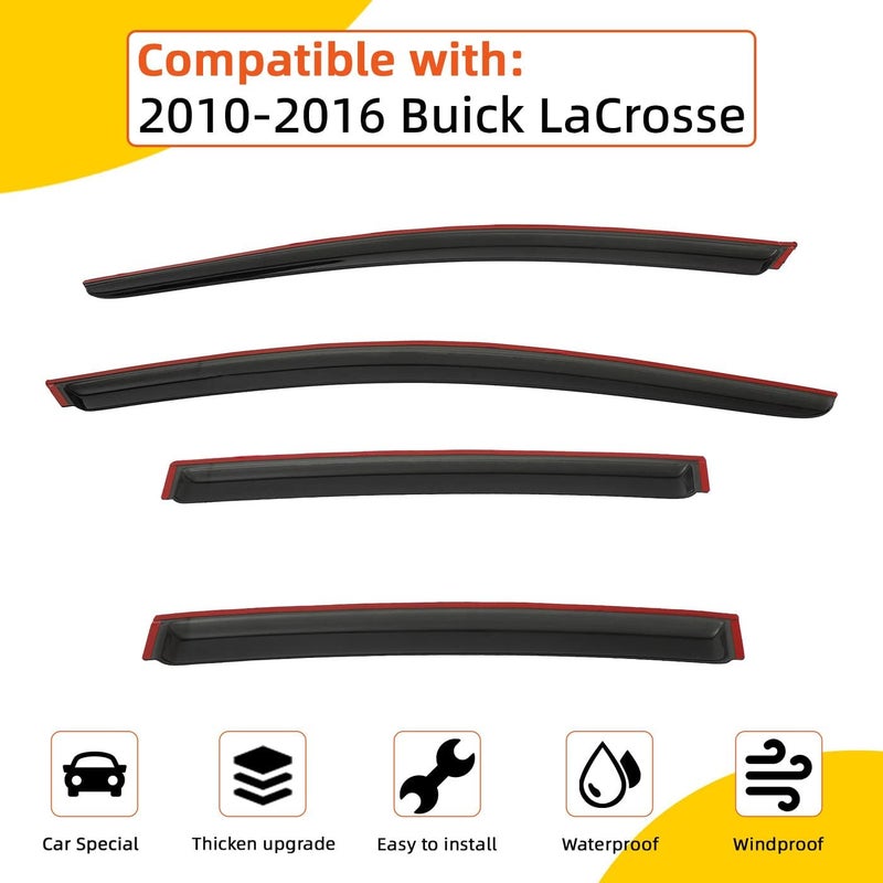 PLDDE Rain Guards Compatible with 2010-2016 Buick Lacrosse Tape-On Side Window Visor Wind Deflector Vent Visors Car Accessories 4pcs - Image 2